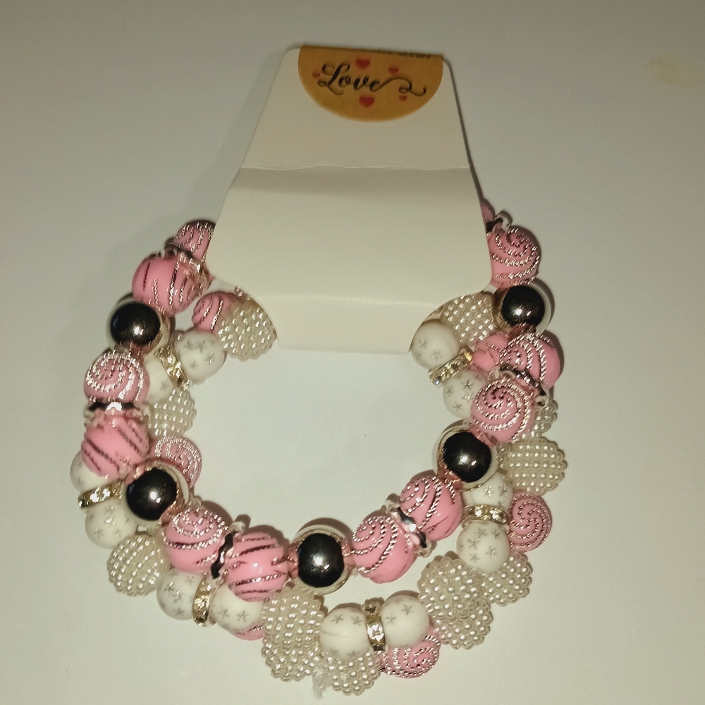 Hand Crafted Pink and White Beaded Bracelet